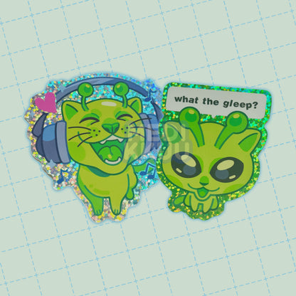 green alien cats meme stickers (2.3" glitter)