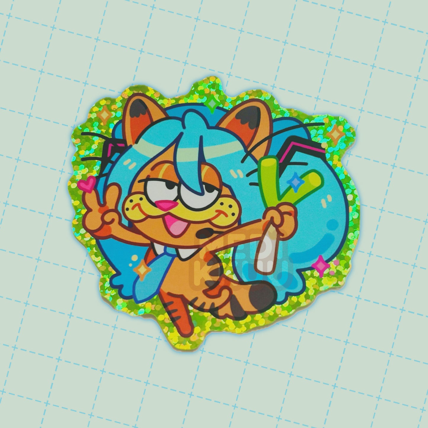 miku garfield sticker (2.3" glitter vinyl sticker)
